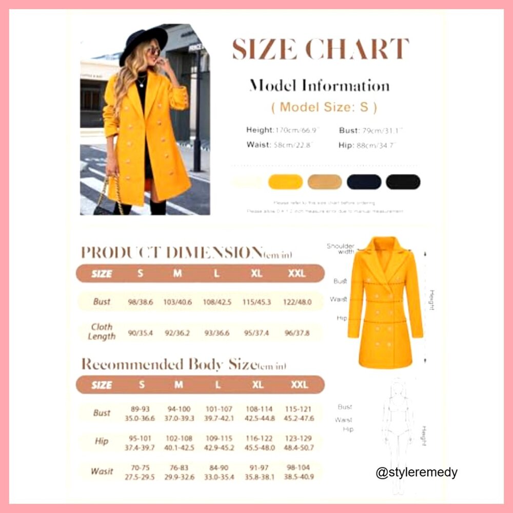 Double Breasted Wool Pea Coat, Knee-Length Midi Trench, Polyester - Picture 6 of 7